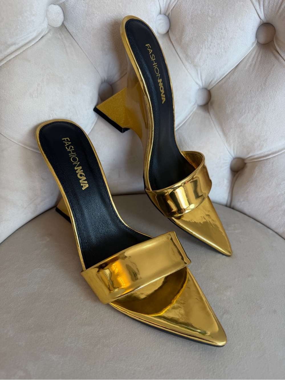 Fashion Nova Metallic Gold Pointed Toe Mule Heels